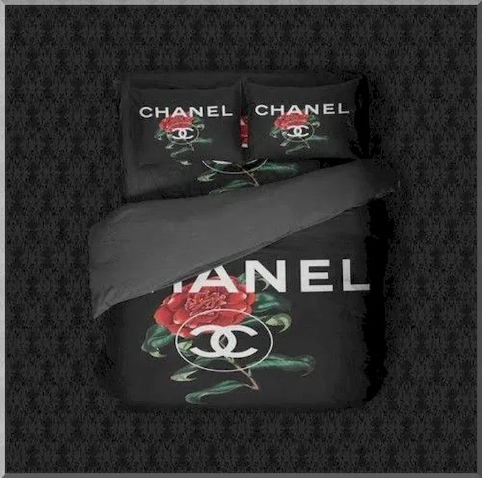 White Logo Chanel Red Roses Bedding Set Black Background