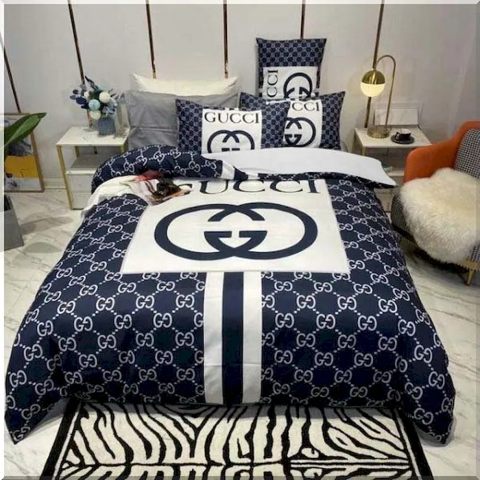 Gucci Big Logo In Blue Monogram Background Bed Set