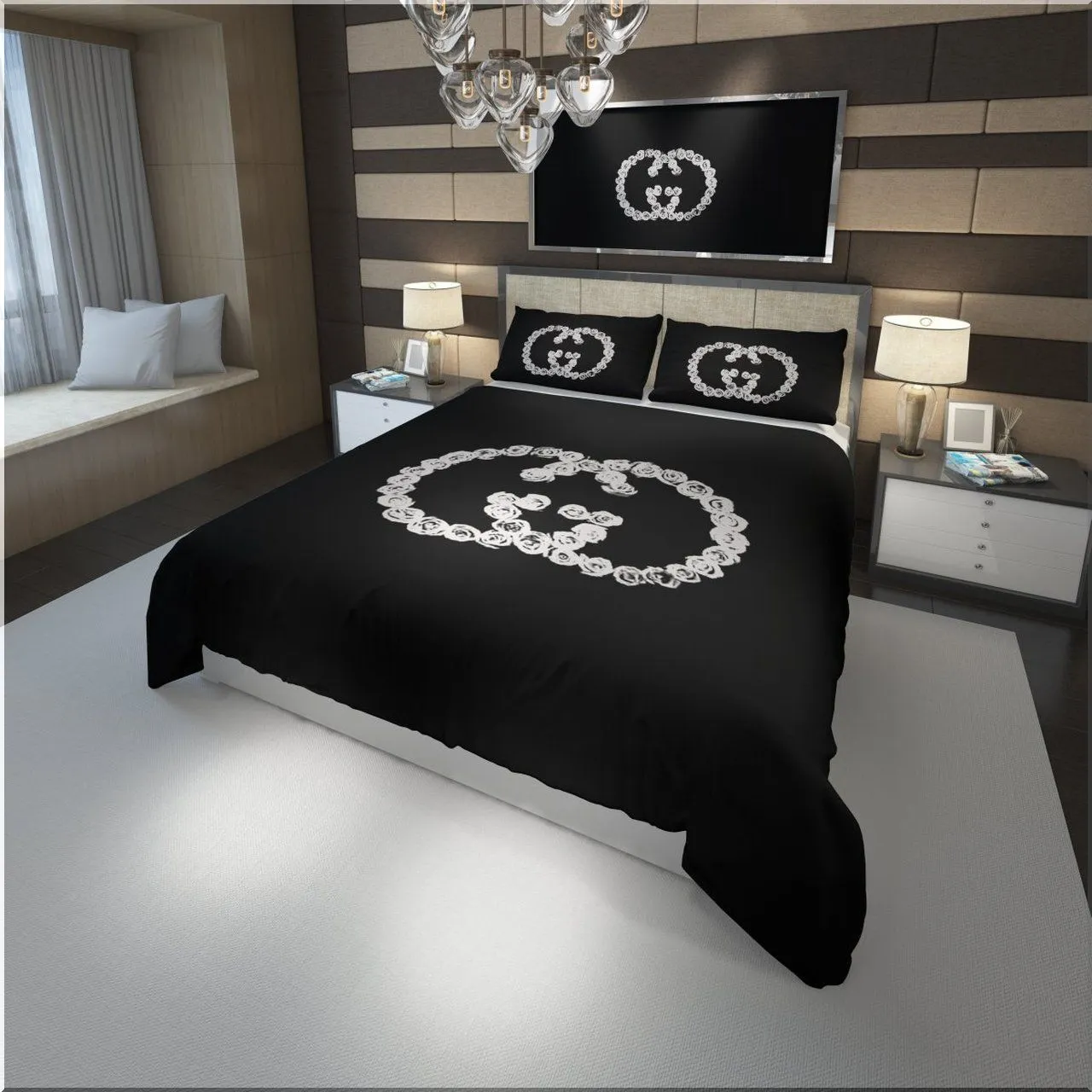 Luxury Gucci White Flower Logo In Black Bed Set
