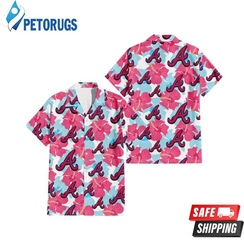 Atlanta Braves Pink Blue Hibiscus White Hawaiian Shirt