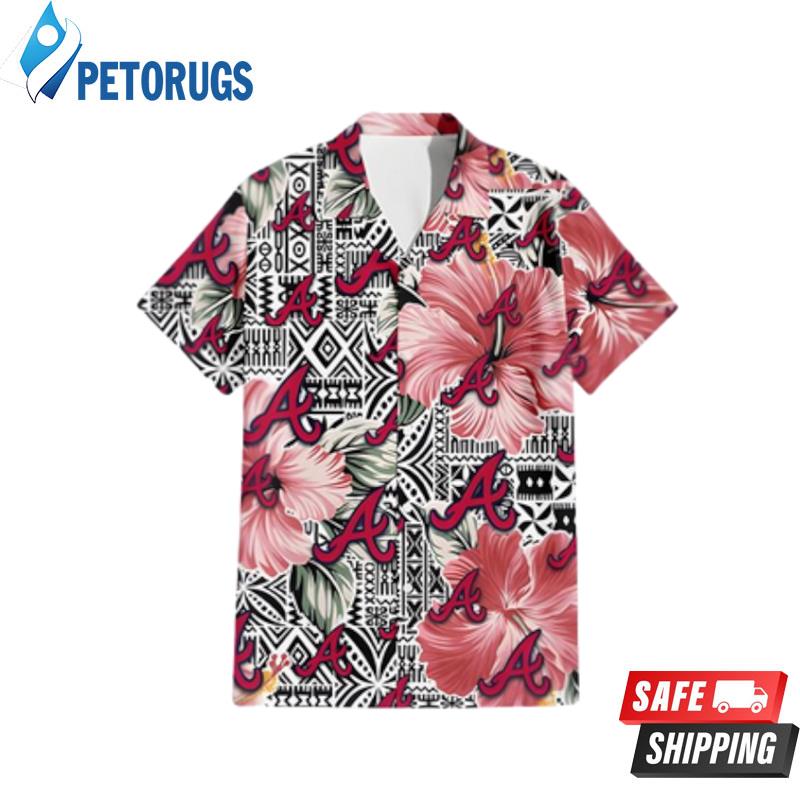 Atlanta Braves Pink Hibiscus Black Pattern White Hawaiian Shirt