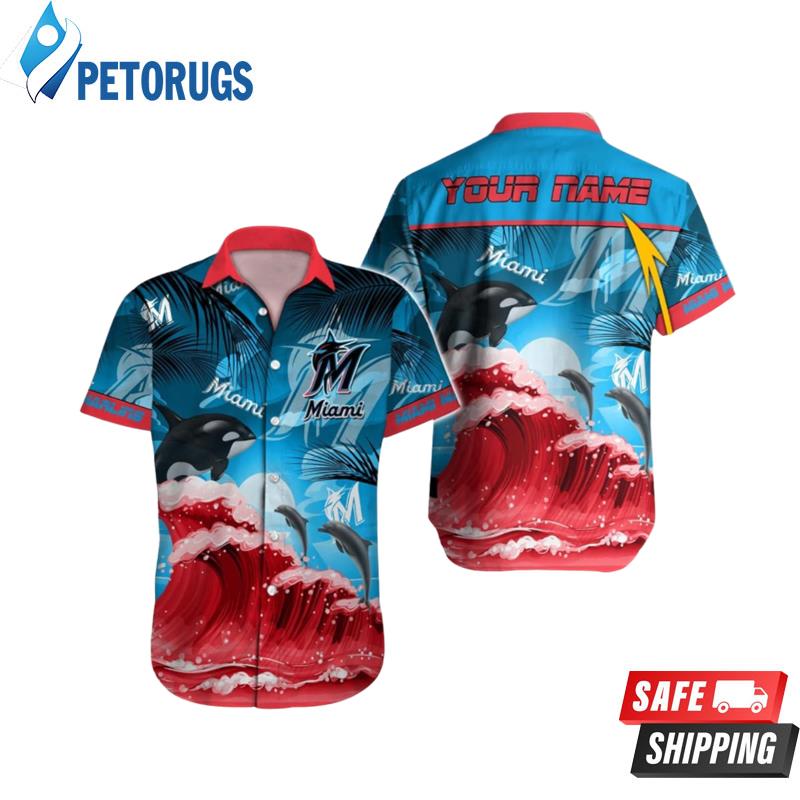 Miami Marlins MLB Sea Wave And Dolphin Custom Name Hawaiian Shirt