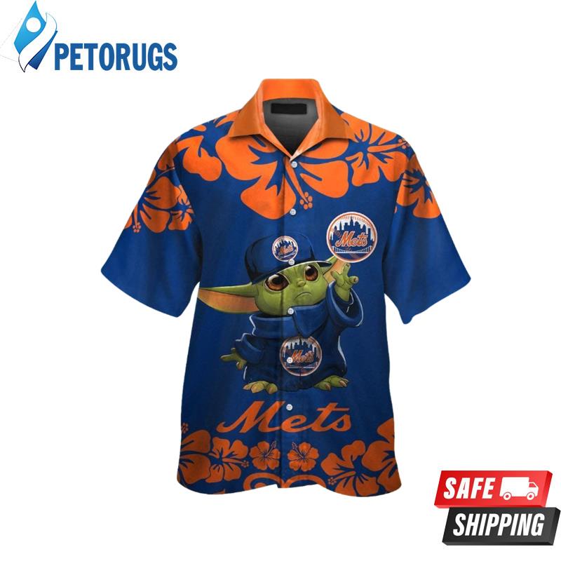 New York Mets Baby Yoda Short Sleeve Button Up Tropical Hawaiian Shirt