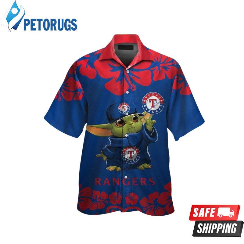 Texas Rangers Baby Yoda Short Sleeve Button Up Tropical Hawaiian Shirt
